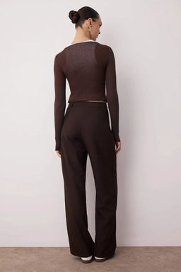 Koyu Kahverengi Wide Leg/Genis Paca Palazzo Pilili Dokuma Kumas Pantolon TWOAW22PL0475