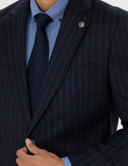%100 Y_n Lacivert _izgili Ekstra Slim Fit Tak_m Elbise