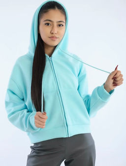 K12740 Толстовка на молнии с капюшоном OVER SIZE (плотный хлопок) БИРЮЗОВЫЙ