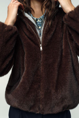 CONTRAST BOMBER JACKET WITH FAUX FUR HOODIE