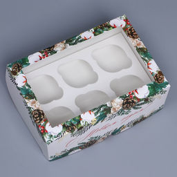 Цена за 5 шт. Коробка складная на 6 капкейков новогодняя с окном «С Новым годом», 25×17×10 см