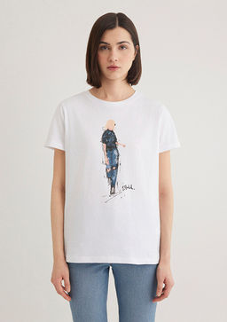 Denim K?z Bask?l? Beyaz Istanbul Tisort - Mavi фото 3