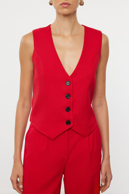 K?rm?z? Regular Dokuma Yelek Wide Leg/Genis Paca Pantolon Tak?m TWOAW25AU00091 - Trendyolmilla фото 4