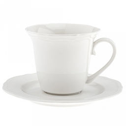"Совершенство" Чашка фарфоровая 200мл, д8,9см h7,9см, с блюдцем д14,8см h1,5см, глянцевая глазурь, белый, рельефный декор, волнистый край (Китай)