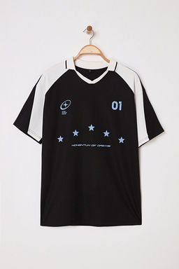 Siyah Oversize/Geni_ Kesim Kolej Temal_ Polo Yaka T-shirt