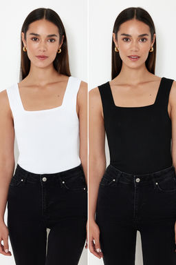 Siyah-Ekru Basic Ikili Paket Top Ince Bluz TWOSS24BZ00623