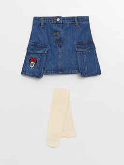 Minnie Mouse Nak?? Detayl? K?z Bebek Jean Etek ve K?lotlu ?orap 2li
