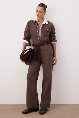 Kahverengi Gomlek Yaka Dugmeli Cepli Denim Tulum TWOAW26TU00012