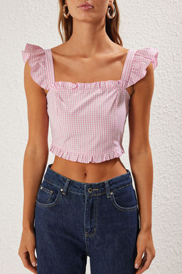 Pembe Potikare Desen Arkas? Gipeli F?rf?r Detayl? Crop Dokuma Bluz TWOSS25BZ00314 - Trendyolmilla фото 3