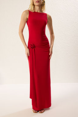 K?rm?z? Gul Detayl? Orme S?k Maxi Abiye Gece Mezuiyet Elbisesi TPRSS25AE00092