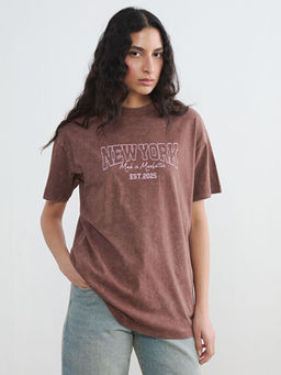 Bisiklet Yaka New York Bask?l? Kad?n Ti??rt