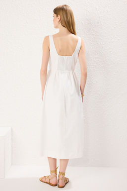 Beyaz Belden Ac?lan Korse Dikis Detayl? Astarl? Midi Dokuma Elbise TWOSS24EL00038