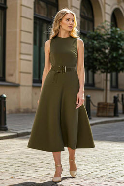 TRENDYOLMILLA Haki Kemerli A Kesim Midi Gabardin Dokuma Elbise TWOSS25EL00055  фото 12