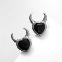 Серьги эмаль Дьяволёнок сердце, цвет чёрный в серебре