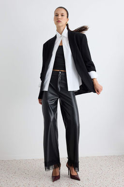 Siyah D_z Dantel Detayl_ Wide Leg/Geni_ Pa_a Regular Suni Deri _rme Pantolon TWOAW27PL00021