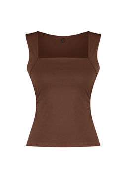 Kahverengi Duz Kare Yaka Ask?l? Buzgulu Fitted/Vucuda Oturan Esnek Orme Bluz TWOSS24BZ00400