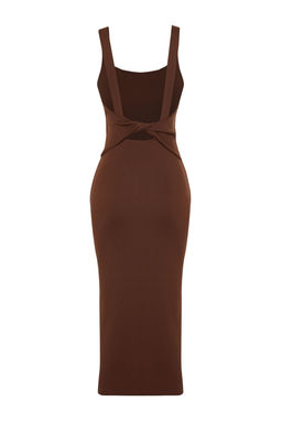 Koyu Kahverengi Duz Maxi Kare Yaka Triko Elbise TWOSS24EL00894 - Trendyolmilla фото 8