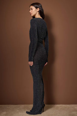 Siyah Simli Orme Derin V Yakal? Maxi Abiye & Mezuniyet Elbisesi TPRAW26AE00023