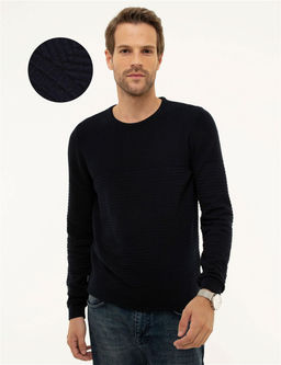 Koyu Lacivert Slim Fit Bisiklet Yaka Triko Kazak