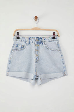 Ac?k Mavi Dugme Detayl? Pacas? K?vr?k Normal Bel Mini Denim Sort TWOSS25SR00166 - Trendyolmilla фото 6