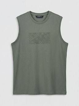 Bisiklet Yaka Bask?l? Penye Erkek Kolsuz Ti??rt