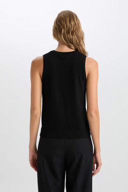 Женский черный однотонный свитер в рубчик без рукавов с круглым вырезом и круглым вырезом - Defacto фото 6