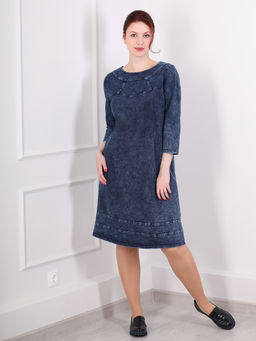 Платье джинсовое прямое миди с укороченным рукавом - Almond фото 3