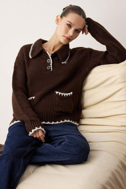 Kahverengi Yumusak Dokulu Genis Kal?p Triko Kazak TWOAW26KZ00134 - Trendyolmilla фото 2