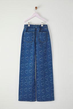 Mavi K?z Cocuk %100 Pamuk Kalp Desenli Flare Genis Paca Lastikli Demim Jean TKDSS25JE00000 - Trendyolmilla фото 6