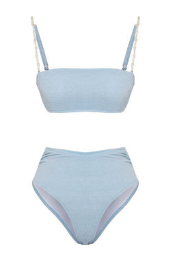 TRENDYOLMILLA Mavi Straplez Inci Aksesuarl? Simli Yuksek Bel Regular Bikini Tak?m? TBESS25BT00060  фото 9