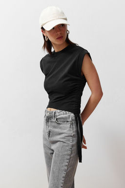 TRENDYOLMILLA Antrasit %100 Pamuk Buzgu Detayl? Crop Yarasa Kol Orme T-Shirt TWOSS24TS00026 фото 2