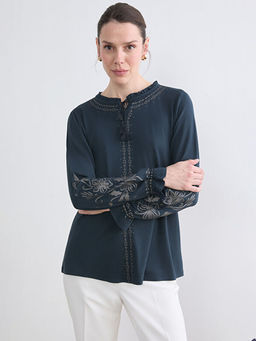 Ba?lama Yaka F?rf?rl? Desenli Bluz