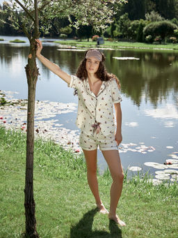 Комплект домашний женский молочный с принтом мишки