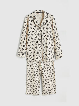 G?mlek Yaka Fiyonk Bask?l? Hamile Pijama Tak?m?