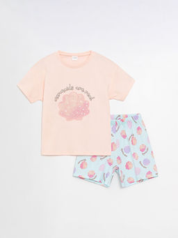 Bisiklet Yaka Bask?l? K?sa Kollu K?z ?ocuk ?ortlu Pijama Tak?m?