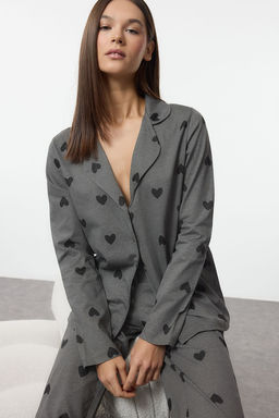 Gri %100 Pamuklu Kalp Desenli Orme Pijama Tak?m? THMAW21PT0548