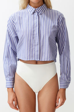 TRENDYOLMILLA Cizgili Crop Dokuma S?rt Dekolteli Keten Gorunumlu Plaj Gomlegi TBESS24GO00012  фото 12