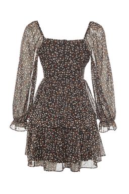 Siyah Cicek Desenli Belden Ac?lan Volanl? Astarl? Dokuma Elbise TWOAW23EL01455