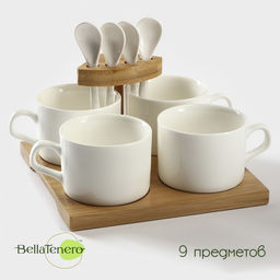Набор кружек керамический на подставке из бамбука BellaTenero, 9 предметов: 4 кружки 150 мл, 4 ложки, подставка, белый
