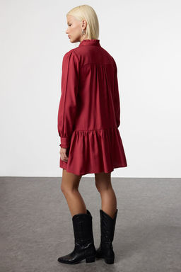 Bordo Shift/Duz Kesim V Yaka Etegi Volanl? Belmando Mini Dokuma Elbise TWOAW25EL00235