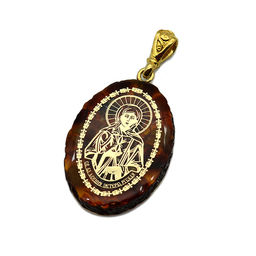 Кулон с янтарем иконка "Блаженная Ксения Петербургская" овал 21*31мм.