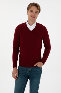 Erkek Slim Fit V Yaka Bordo Basic Kazak