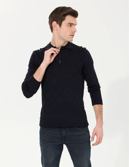 Lacivert Slim Fit D__meli Polo Yaka Triko Kazak