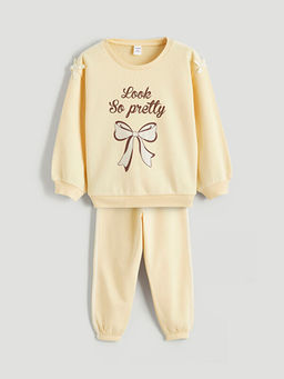 Bask?l? K?z ?ocuk Sweatshirt ve Pantolon 2li