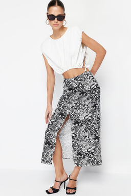 Siyah Desenli Onden Y?rtmac Detayl? Midi Boy Dokuma Keten Gorunumlu Etek TWOSS24ET00104 - Trendyolmilla фото 3