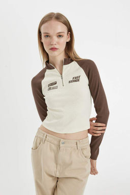 Женская крутая приталенная футболка в рубчик с половиной молнии с воротником-стойкой и цветным принтом, футболка с длинными рукавами