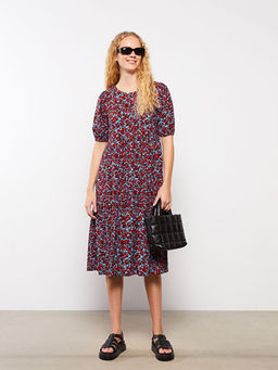 Bisiklet Yaka Desenli K?sa Kollu Viskon Kad?n Elbise