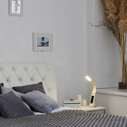 TLD-542 Cream/LED/300Lm/5000K/Dimmer Светильник настольный c часами, календарем, термометром, 5W. Сенсорный выключатель. Кремовый (стилизован под кожу). TM Uniel.