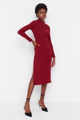 Bordo Vucuda Oturan Y?rtmacl? Bisiklet Yaka Midi Fitilli Esnek Orme Kalem Elbise TWOAW21EL0135
