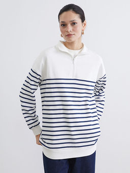 Dik Yaka ?izgili Kad?n Kal?n Sweatshirt Tunik